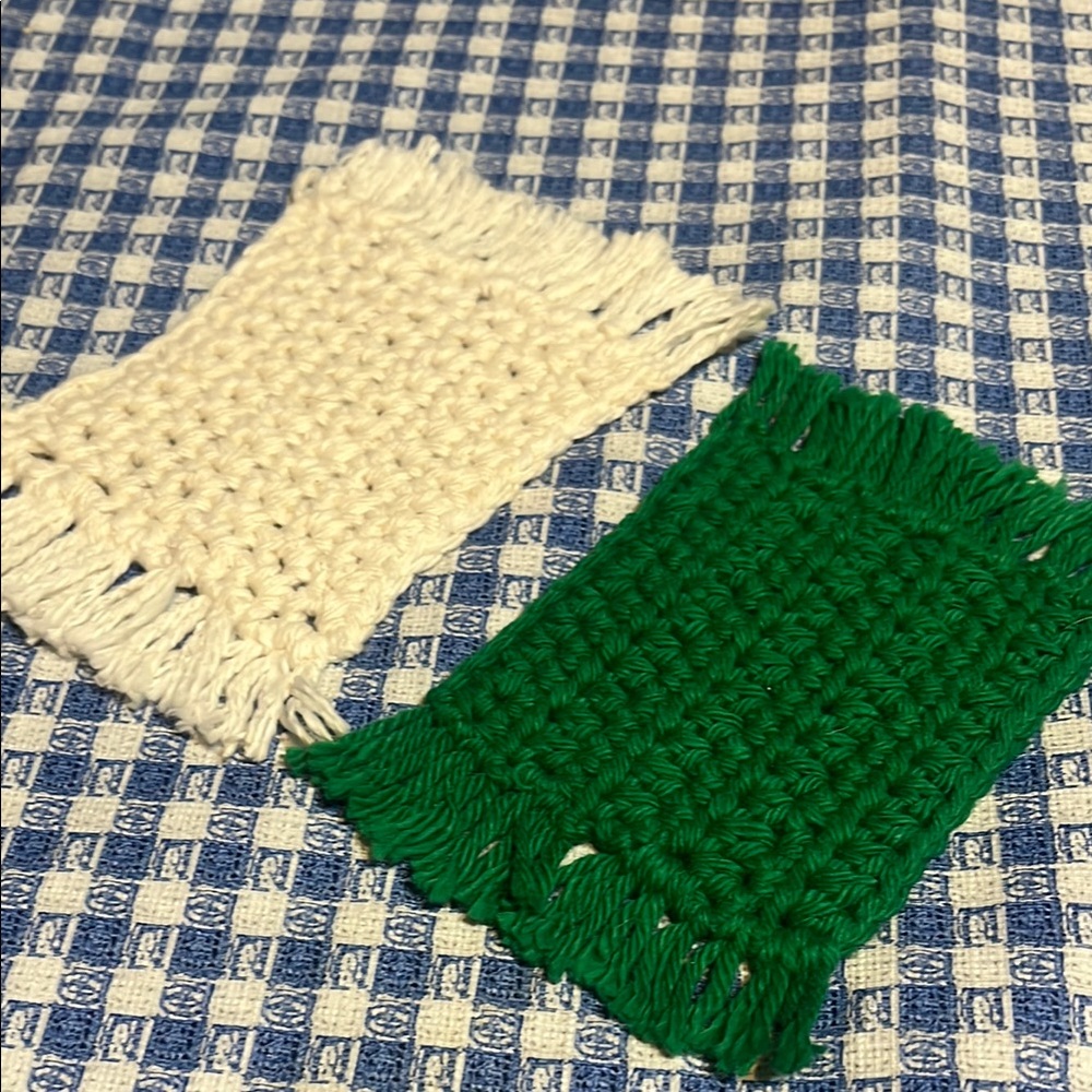 Handcrafted Cream and Green Woven Coasters set of two mug rugs